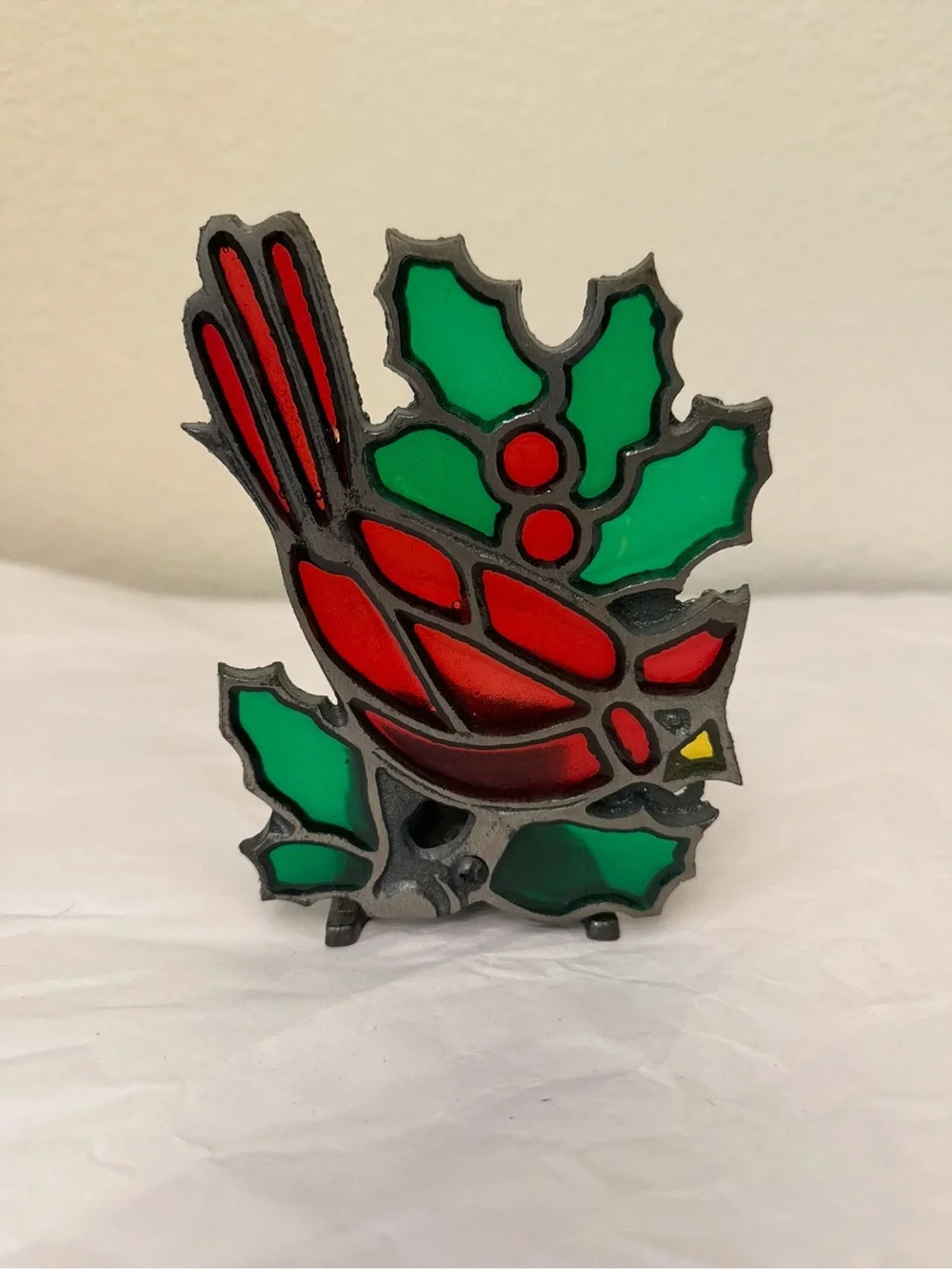 Holiday Cardinal Stained Glass candle votive holder  - Red and Green
